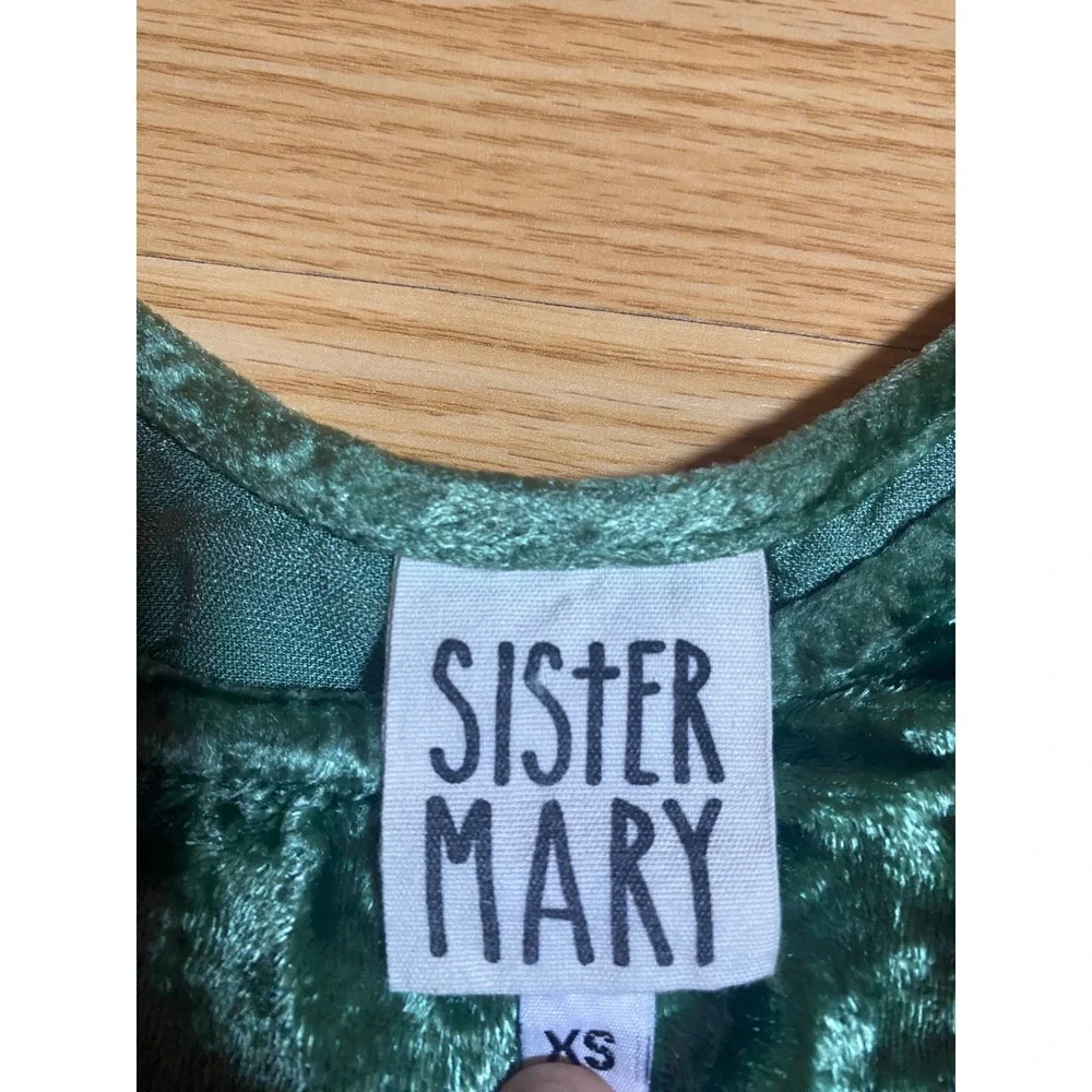 Sister Mary Green Crushed Velvet Embroidered Bird Floral Puff Sleeve Top XS